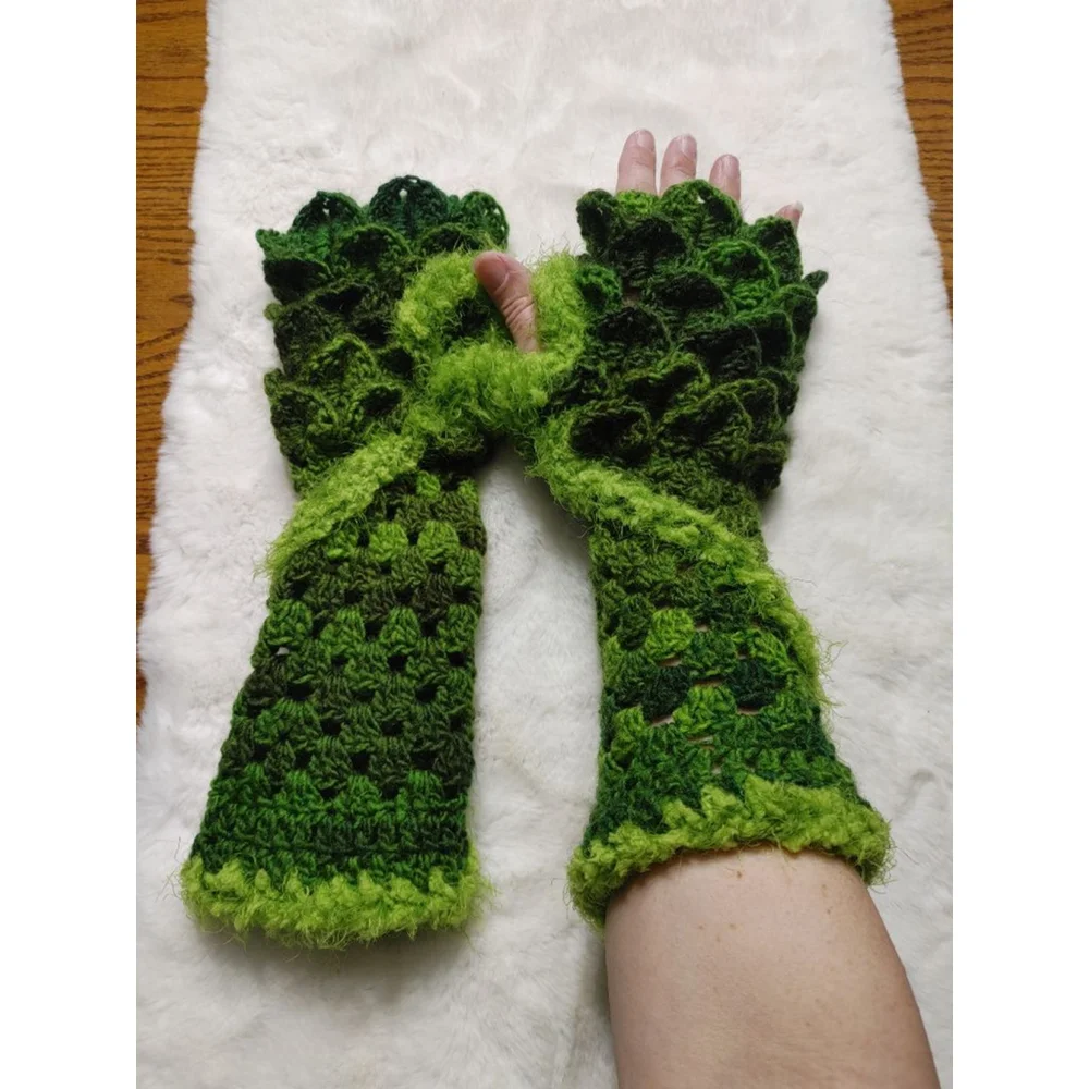 Grinch Handmade Crocheted Drangonscale Green Fuzzy Fingerless Gloves Armwarmer